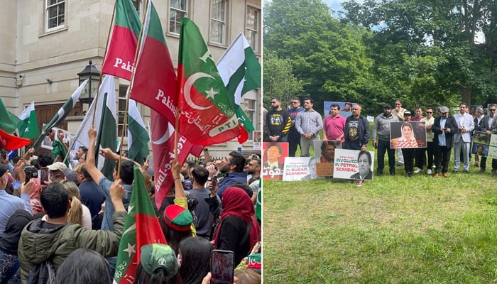 PTI workers protesting outsideAvenfield (left) and PML-N workers staging a protest outsideJemima Goldsmith’s house in Richmond. Photo — Courtesy our correspondent