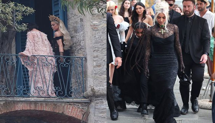 Kim Kardashian channels gothic glam in black gown for Kourtney’s wedding: pics