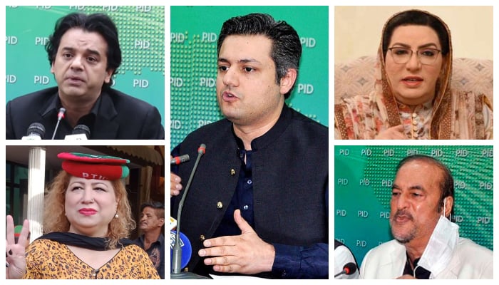 PTI leaders Hammad Azhar (centre), Usman Dar (top left), Firdous Ashiq Awan (top right), Sadia Sohail (bottom left), and Babar Awan (bottom right). — PID/APP/Twitter/File