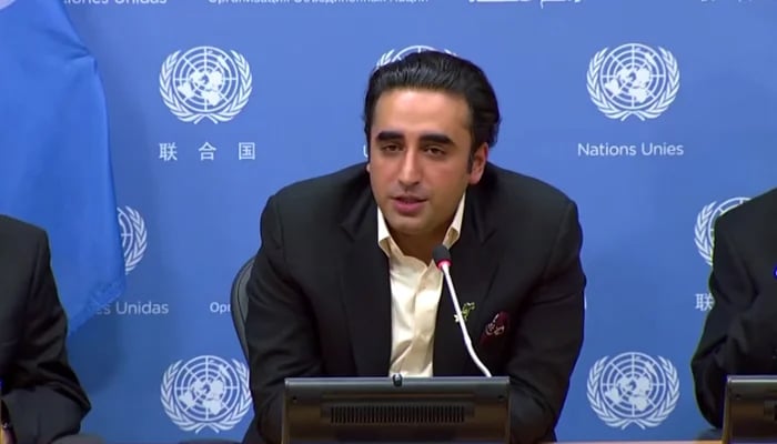 Foreign Minister Bilawal Bhutto-Zardari speaks at the United Nations, in New York, United States, on May 20, 2022. — Reuters