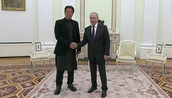 Russian President Vladimir Putin shakes hands with then Pakistan Prime Minister Imran Khan during a meeting in Moscow, Russia on February 24. — APP