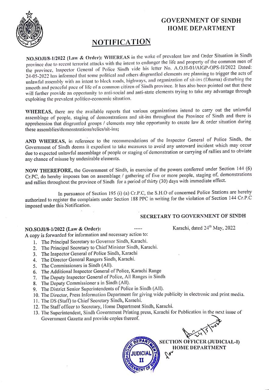 A copy of the notification issued by the Home Department, Government of Sindh