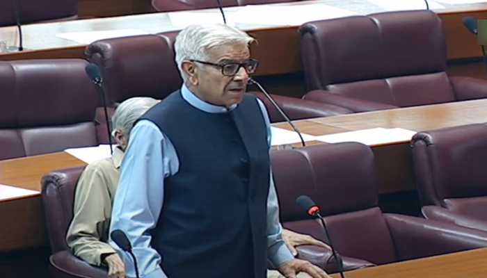 Defence Minister Khawaja Asif addressing on the floor of the National Assembly in Islamabad, on May 24, 2022. — YouTube/PTVParliament