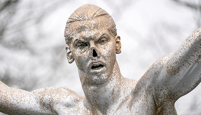 A vandalized Zlatan Ibrahimovic statue is seen in Malmo, Sweden, on December 22, 2019. — Reuters