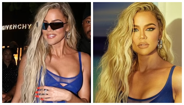 Change: Back in March 2022 the Good America owner attended a SKIMS pop-up shop launch in Miami wearing a cut-out sheer blue mini dress where she looked smoother in her Instagram snap (left) than in real life (right)