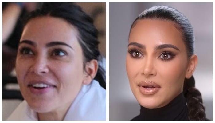 Before and after Kim gave fans a rare unfiltered look at her pre-glam look on the sixth episode of Hulus The Kardashians last week when she appeared on camera without makeup and dressed in a bathrobe(seen right later in the show)