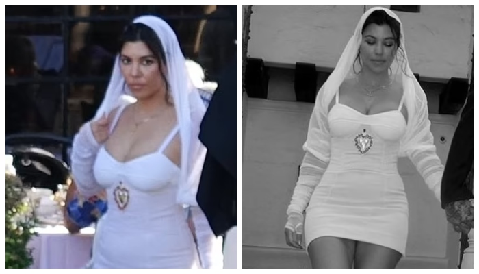 Instagram vs reality: She also sported a very filtered look in images (right) she shared from her registry office wedding in LA before heading to Italy for her third lavish ceremony (left on the day in real life)