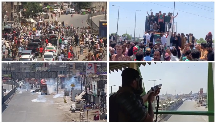 Images from the scuffle between police and PTI workers at Batti Chowk in Lahore. — Screengrabs via Geo News