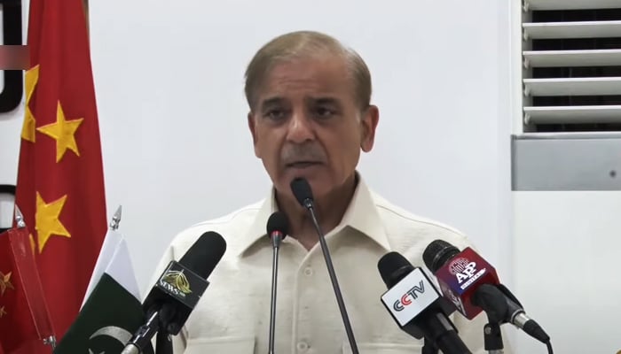 Prime Minister Shehbaz Sharif addressing the workers of the Karot Hydropower Project in Islamabad, on May 27, 2022. — YouTube/PTV