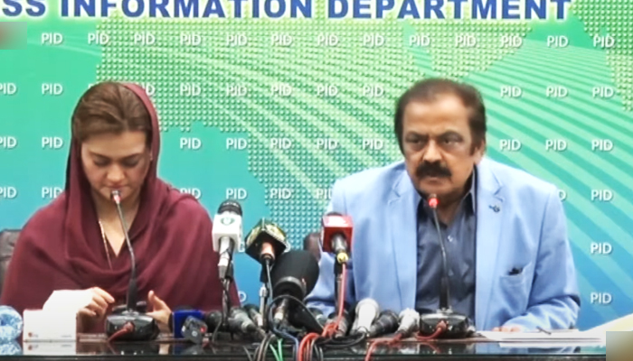Information Minister Marriyum Aurangzeb (L) and Interior Minister Rana Sanaullah speaking during a press conference in Islamabad on May 25, 2022. — Screengrab via YouTube/ Hum News Live