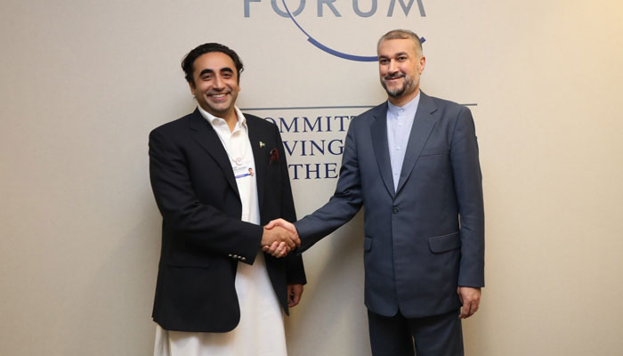 Foreign Minister Bilawal Bhutto-Zardari shakes hands with his Iranian counterpartDr Hossein Amir Abdollahian on the sidelines of World Economic Forum. — Twitter/Bilawal Bhutto Zardari