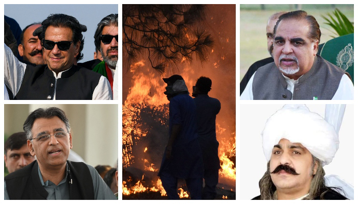 Ousted prime minister and PTI Chairman Imran Khan (top left), ex-federal minister for planning Asad Umar (bottom left), former governor Sindh Imran Ismail (top right), ex-minister for Kashmir and GB affairs (bottom right), and view of a tree burning that PTI workers set ablaze during their protest at Jinnah Avenue near D-Chowk in Islamabad. (centre). — AFP/NA/APP/Online