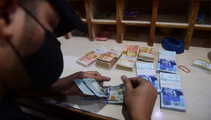 Man counts dollar bills with bundles of Rupee notes seen in the background. — Reuters