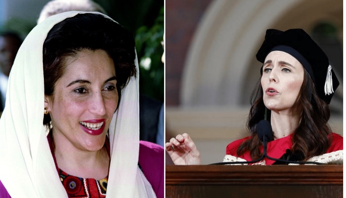 (left) Benazir Bhutto, (right) Jacinda Ardern.—Britannica, AP.