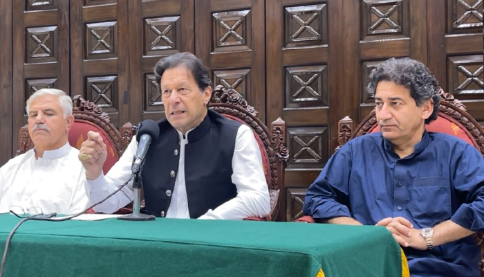 PTI Chairman Imran Khan addressing a press conference in Peshawar, on May 27, 2022. — Facebook/ImranKhanOfficial
