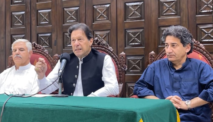 PTI Chairman Imran Khan addressing a press conference in Peshawar, on May 27, 2022. — Facebook/ImranKhanOfficial