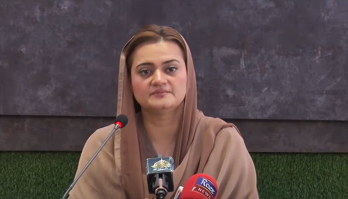 Information Minister Marriyum Aurangzeb holding a press conference in Islamabad on Friday, May 27, 2022. — Screengrab via YouTube/ Hum News Live