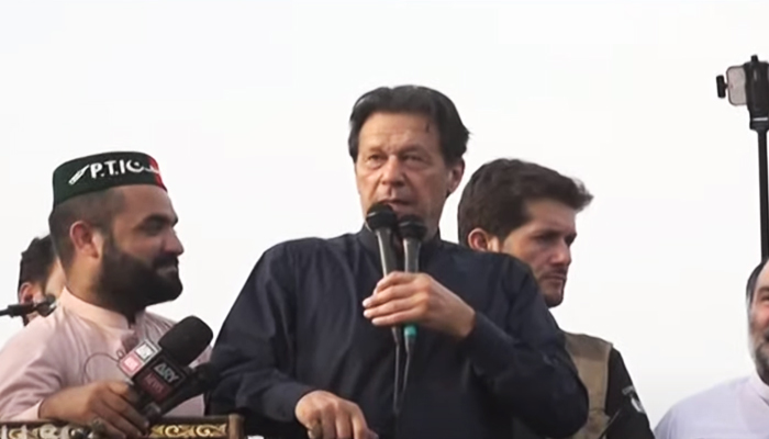 PTI Chairman Imran Khan addressing PTI workers convention inCharsadda, Khyber Pakhtunkhwa. — Screengrab via YouTube/ Hum News Live