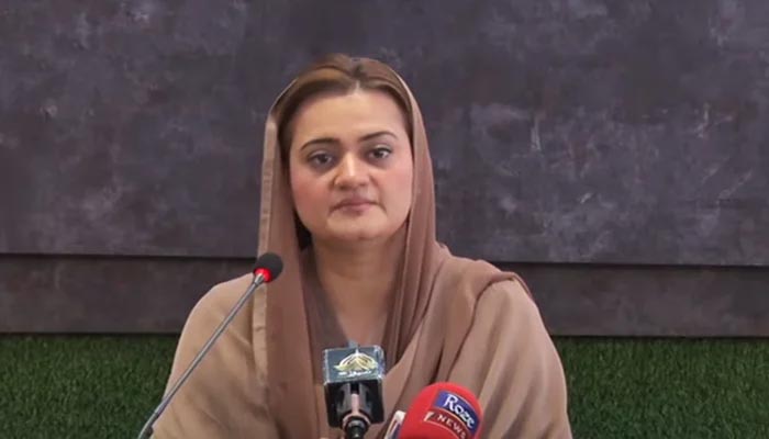 Information Minister Marriyum Aurangzeb holding a press conference in Islamabad on Friday, May 27, 2022. — Screengrab via YouTube/ Hum News Live