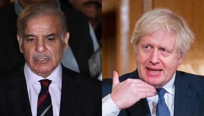 Collage of Prime Minister Shehbaz Sharif (L) andBritish Prime Minister Boris Johnson. — AFP/File