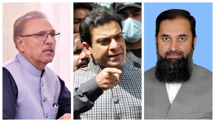 (L to R)President Arif Alvi, Chief Minister Punjab Hamza Shahbaz, andnewly appointed Punjab Governor Muhammad Baligh Ur Rehman. — PID/PPI/NA/File