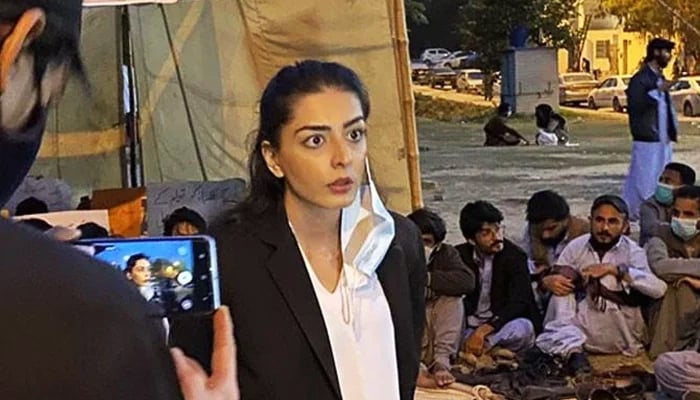 Lawyer and human rights activist Imaan Zainab Mazari-Hazir speaks while visiting a protest camp in Islamabad in this undated photo. — Twitter/File