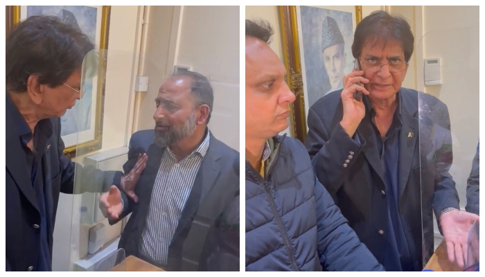 (Left to Right) PTIs UK-based leader Sahibzada Jahangir misbehaving with a Pakistani High Commission staff, Sahibzada Jahangir speaks on the phone inside the high commissions preferences. — Screengrab/Reporter