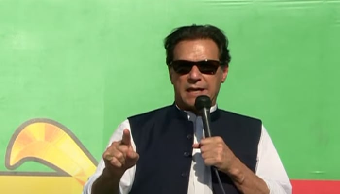 PTI Chairman Imran Khan addressing a jalsa in Buner, on June 3, 2022. — Screengrab via YouTube/HumNewsLive