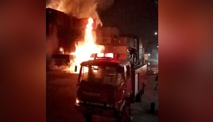 Firefighters try to contain the blaze at a container facilty in Sitakunda, Bangladesh June 4,2022 in this screen grab obtained from a video on social media . — Reuters
