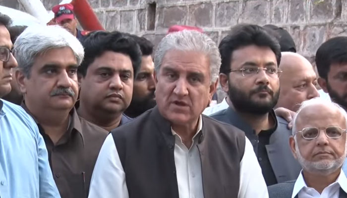 PTI Vice-Chairman Shah Mahmood Qureshi speaks to the media after attending PTIs core committee meeting at Bani Gala on Sunday, June 5, 2022. — Screengrab/Hum News