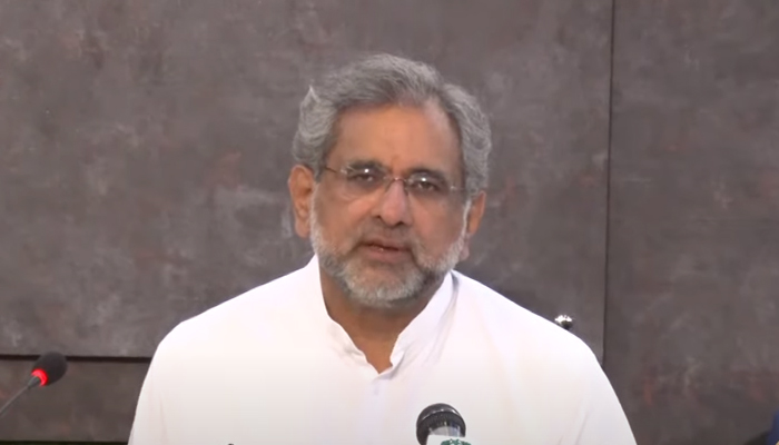 PML-N leader and former prime minister Shahid Khaqan Abbasi speaking during a press conference in Islamabad on Monday, June 6, 2022. — Screengrab via YouTube/ PTV News Live