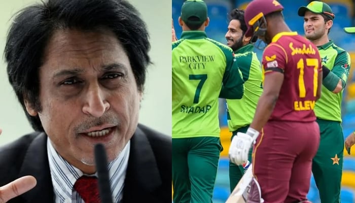 Image collage showing PCB Chairman Ramiz Raja speaking during a press briefing (L) and Pakistani bowlers celebrating on the field during a match with West Indies. — AFP