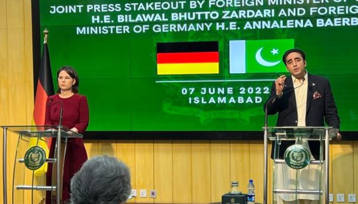 Foreign Minister Bilawal Bhutto Zardari addressing a press conference with his German counterpart Annalena Baerbock — Twitter/anasMallick
