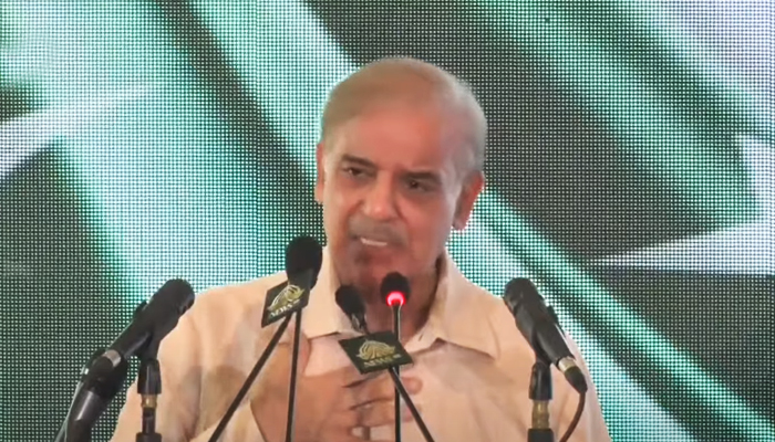 Prime Minister Shehbaz Sharif addressing a day-long pre-budget business conference in the federal capital on Tuesday, June 7, 2022. — Screengrab via YouTube/ PTV News Live