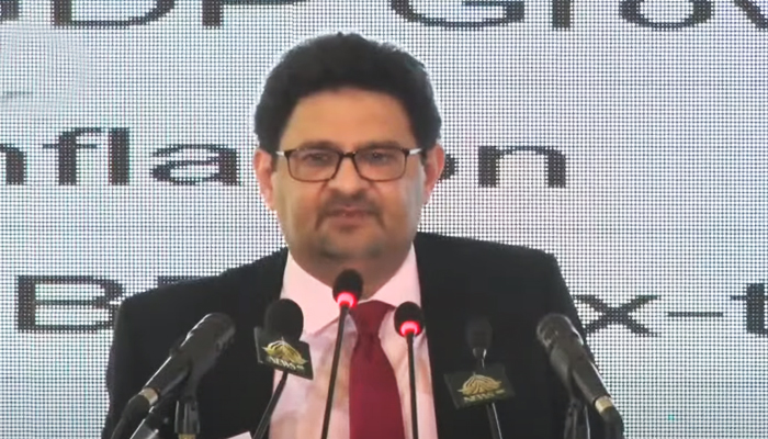 Finance Minister Miftah Ismail addressing theone-day long pre-budget business conference in Islamabad, on June 7, 2022. — YouTube/PTV