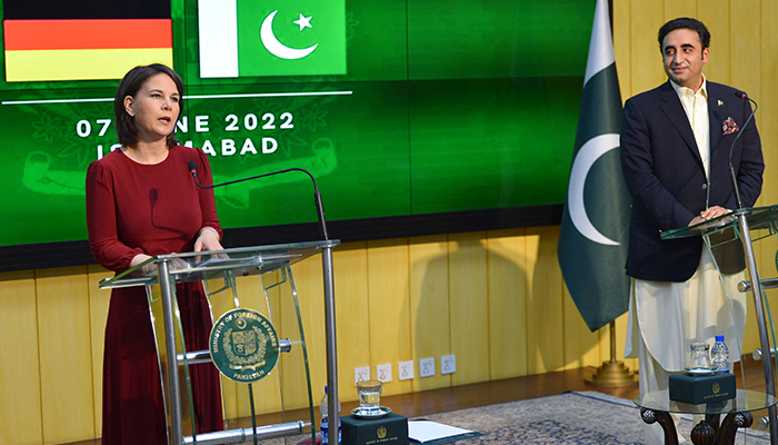 Germanys Foreign Minister Annalena Baerbock speaks next to Pakistans Foreign Minister Bilawal Bhutto Zardari during a joint press conference after their meeting at the Foreign Ministry in Islamabad on June 7, 2022. — AFP