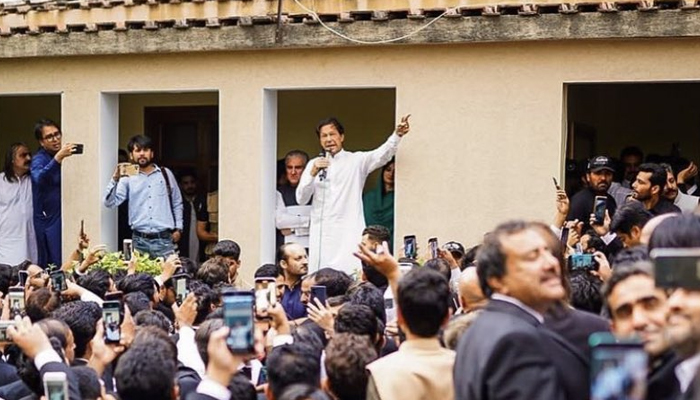 PTI Chairman Imran Khan is addressing a gathering of lawyers at Bani Gala in Islamabad, on June 7, 2022. — Twitter/PTIofficial