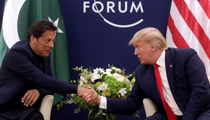 US President Donald Trump shakes hands with Pakistans Prime Minister Imran Khan during a bilateral meeting at the 50th World Economic Forum (WEF) annual meeting in Davos, Switzerland, January 21, 2020.— Reuters/File