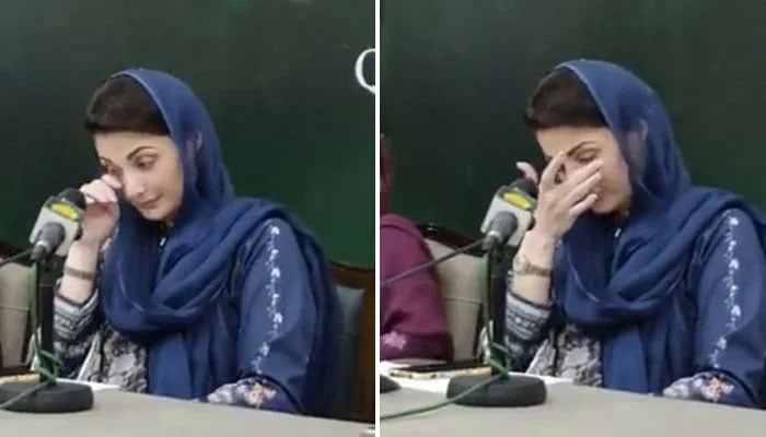 Image collage showing PML-N Vice President Maryam Nawaz tearing up during an address. — Screengrab  via Twitter