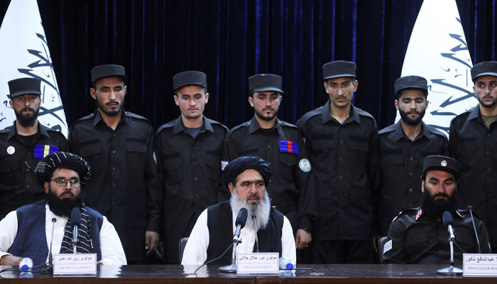 Afghan Talibans Deputy Head of Interior Ministry Mawlawi Noor Jalal Jalali speaks at a news conference about the new Afghan police uniform, in Kabul, Afghanistan, June 8, 2022. — Reuters
