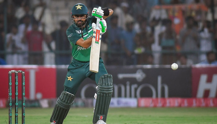 Pakistan captain Babar Azam plays a shot during his sides match against West Indies in Multan. — PCB