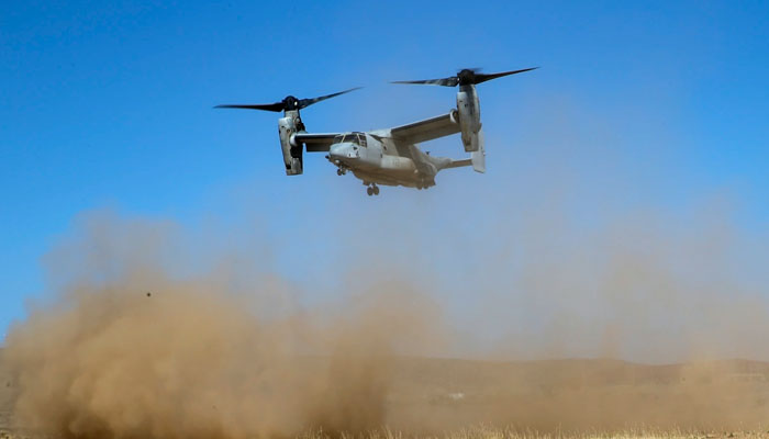 A Marine Corps MV-22 Osprey takes off during an amphibious air raid course at Marine Corps Base Camp Pendleton, Calif. Photo —NBC News/ Nicolas Atehortua / U.S. Marine Corps