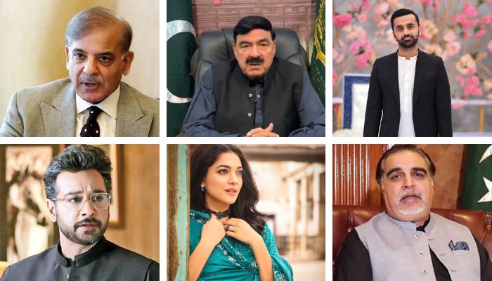 (Starting from upper right) PM Shehbaz Sharif, former interior minister Sheikh Rasheed, TV anchor Waseem Badami, actor Faysal Qureshi, Sanam Jung, PTI leader Imran Ismail. — Twitter
