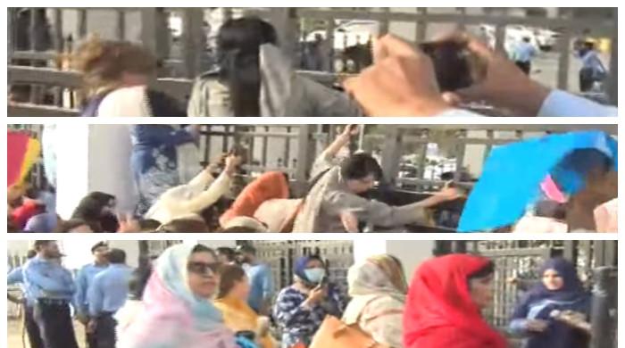 Female PTI MNAs, party members protest outside Parliament House