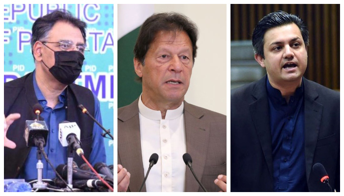 (L to R) PTI Secretay-General Asad Umar, PTI Chairman Imran Khan, and PTI leader Hammad Azhar. — APP/Reuters/Twitter/File