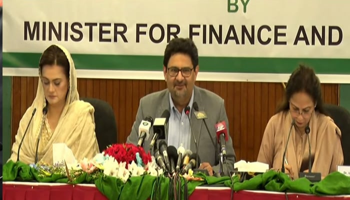 Finance Minister Miftah Ismail addresses the post-budget press conference in Islamabad. -Geo News screengrab