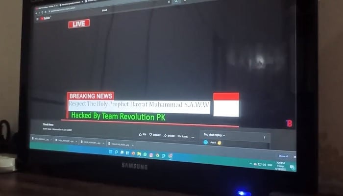 Computer screen showing video of apparent hacking of a news channel.—Screengrab from Twitter/@faraznoor96