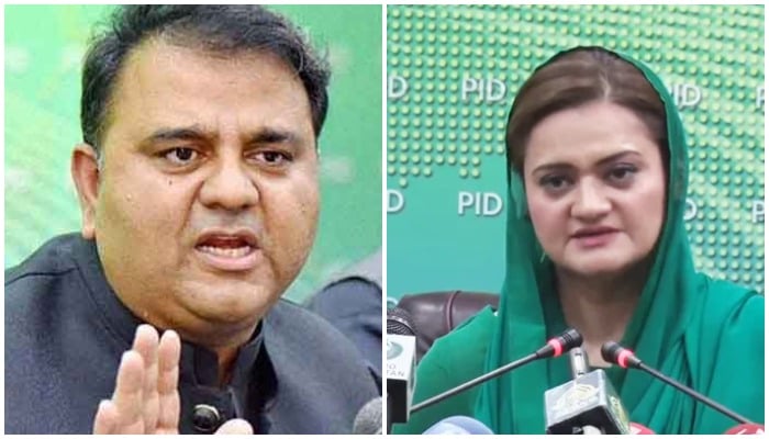 PTI leader Fawad Chaudhry (left) and Minister for Information and Broadcasting Marriyum Aurangzeb.