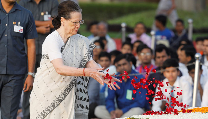 Indias Congress Party chief Sonia Gandhi pays homage at the Mahatma Gandhi memorial on the 150th birth anniversary of Gandhi at Rajghat in New Delhi, India October 2, 2019. — Reuters