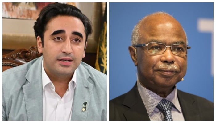 Foreign Minister Bilawal Bhutto-Zardari (L) and Secretary-General of the Organisation of Islamic Cooperation (OIC) Hissein Brahim Taha. — Twitter/ForeignOfficePk/ AFP